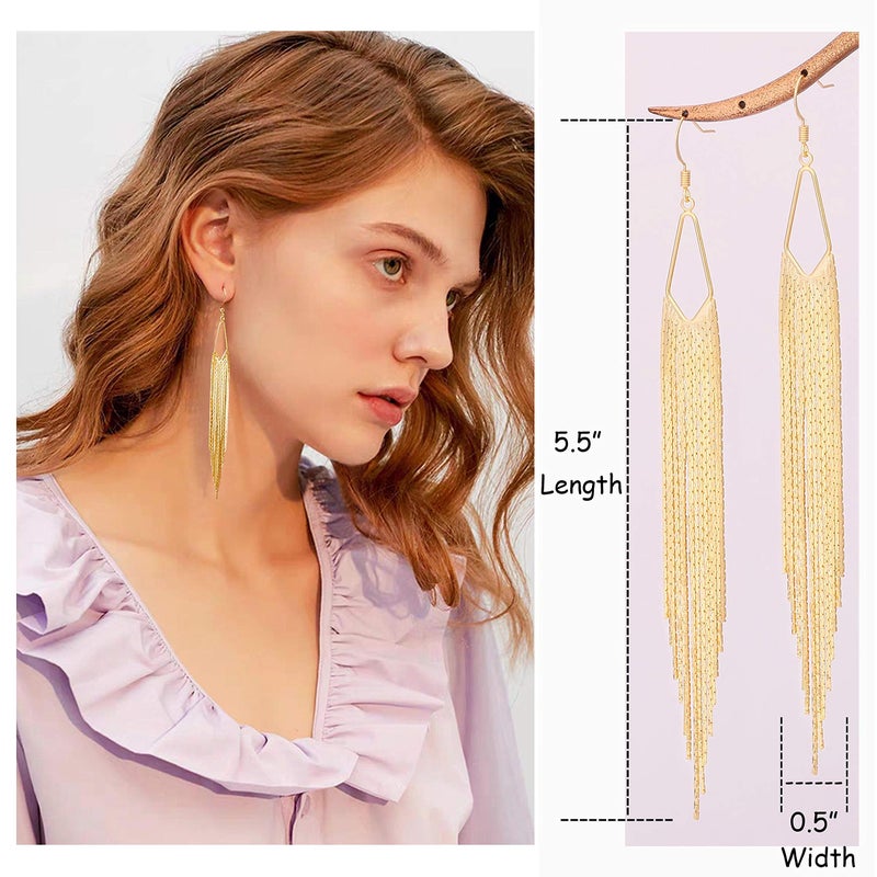PEARLADA 18K Gold Plated Long Chain Tassel Earrings Simple Hook Jewelry for Women Fashion Sleek Chain Dangle Drop Earrings for Party Linear Fringe Earring - Image 3